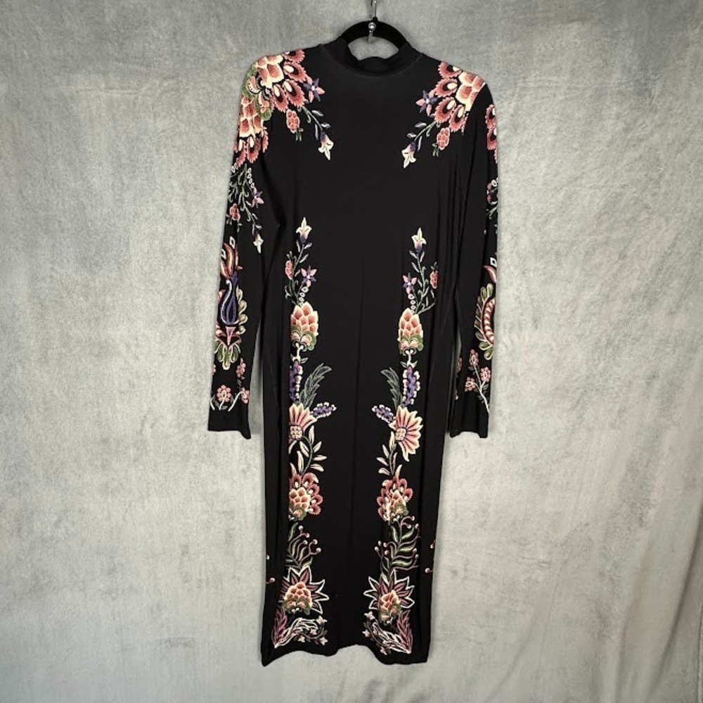 Farm Rio Anthropologie Dress Womens GG US Extra Large Black Floral Stretch Boho - Picture 2 of 14